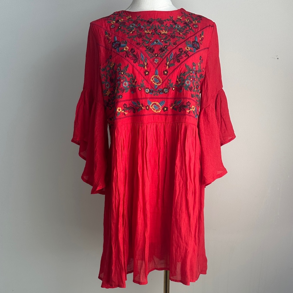Umgee Womens Red‎ Embroidered Boho Bell Sleeve Mini Dress Size S Festival Hippie